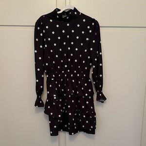 Polka Dot Long Sleeve Mini Ruffle Dress Mock Neck